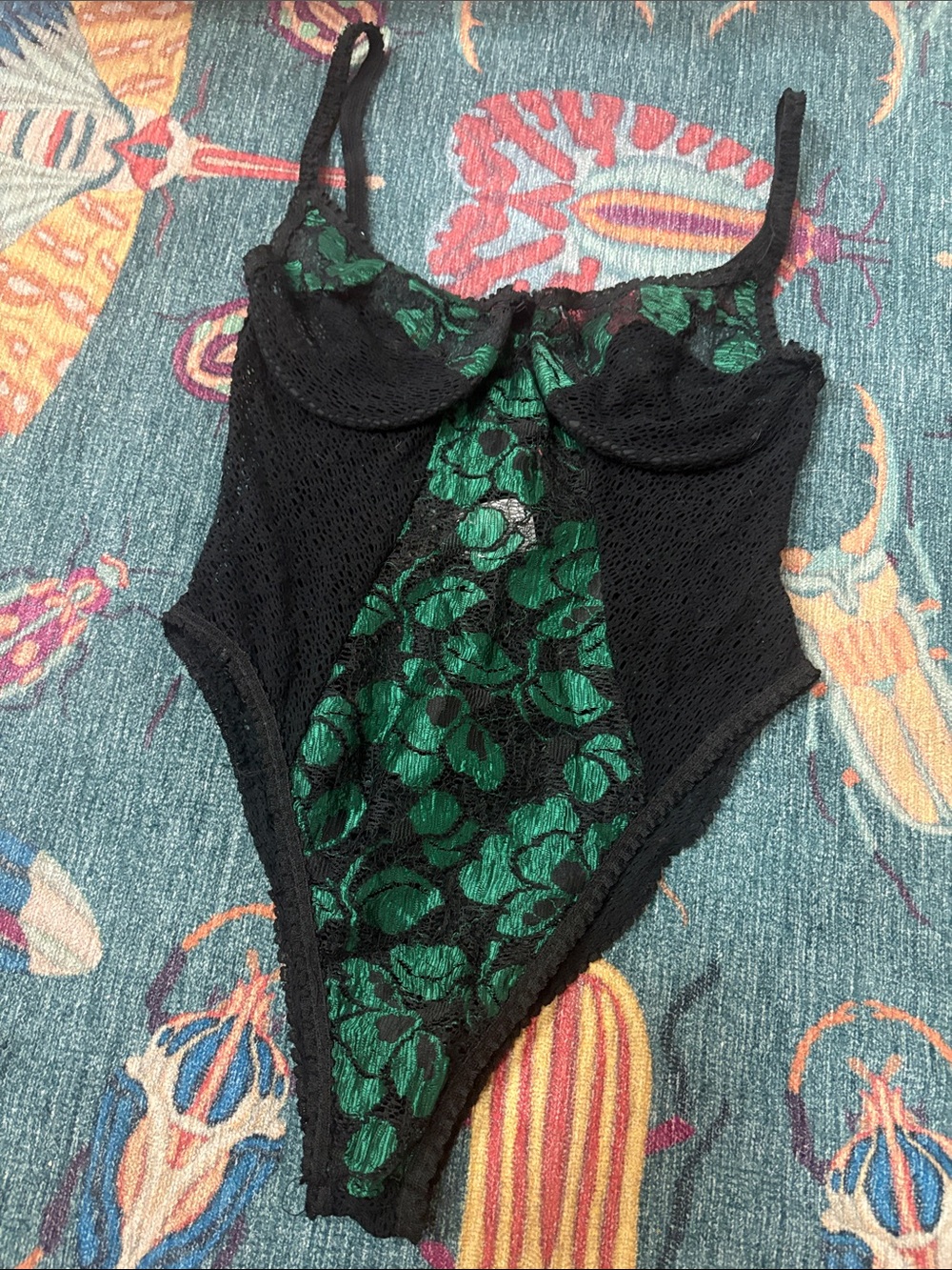Vintage 80s super high cut Alana Gale fishnet bodysuit with Green lace L